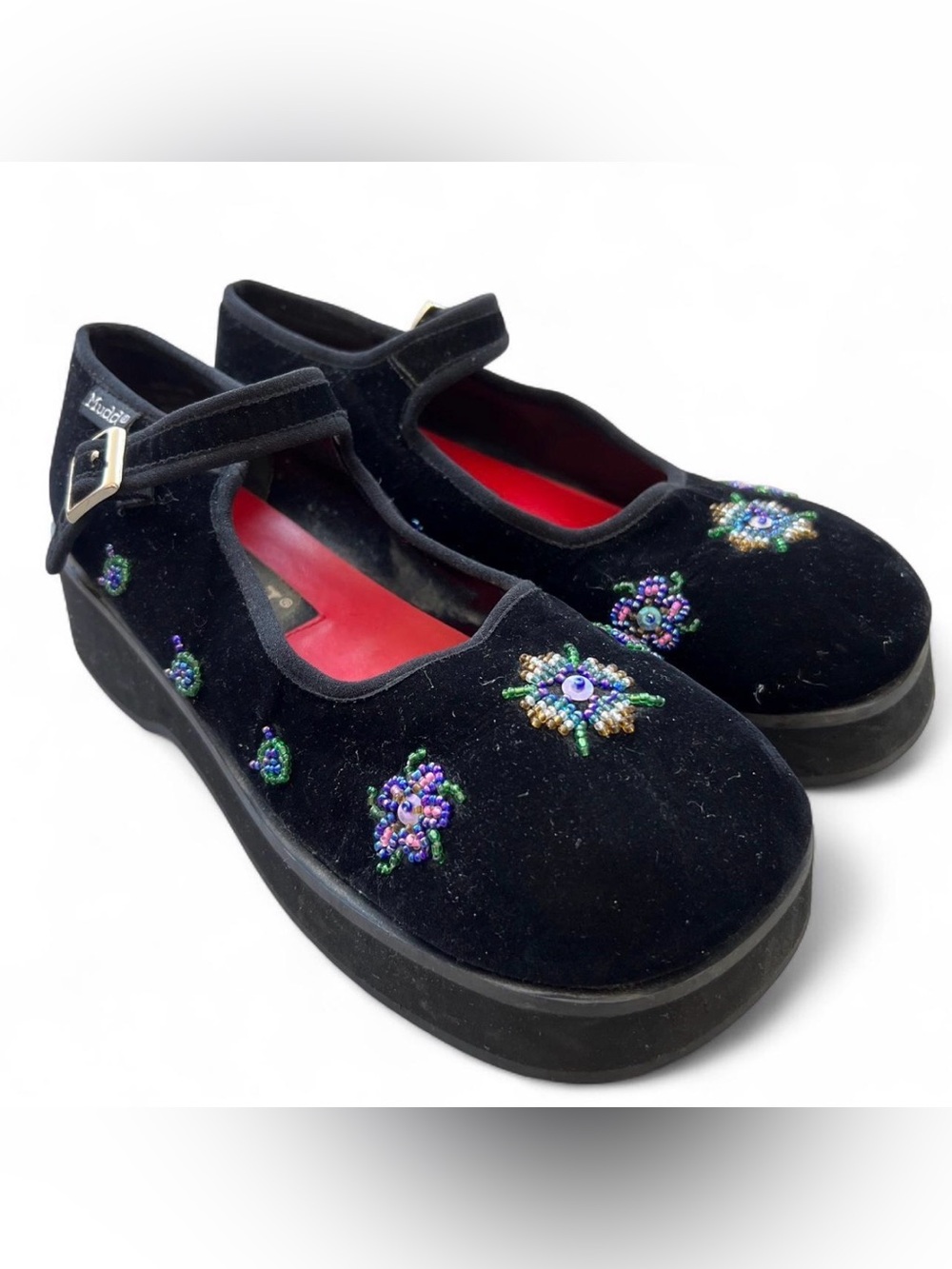 Vintage Mudd Black Velvet Beaded Mary Jane Platform Shoes 8.5 Y2K